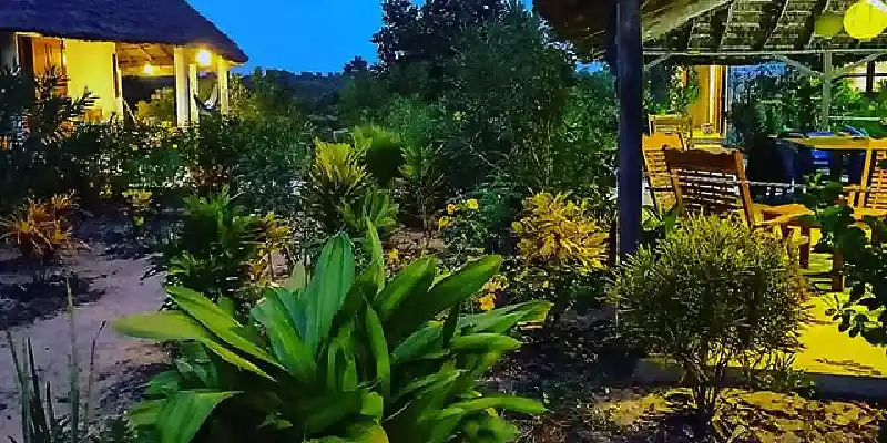 Jardin tropical et cases illuminés à la tombée de la nuit, Le Papayer Écolodge