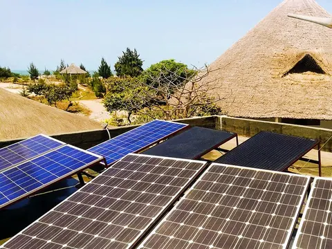 Panneaux solaires et éolienne devant un toit de chaume du Papayer Écolodge