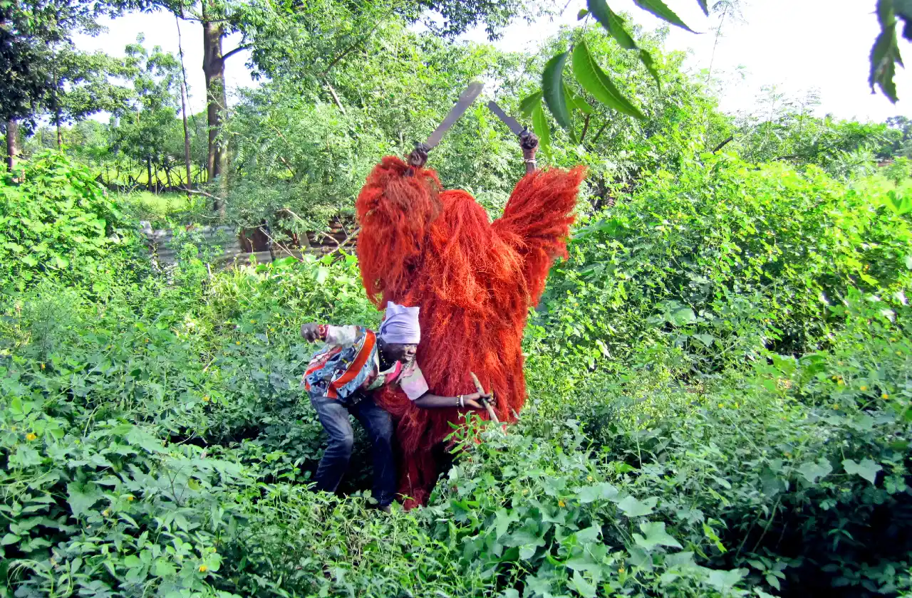 Kankourang paré d'écorces rousses lors du Djambadong à Ziguinchor, Casamance