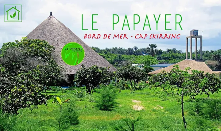 Les cases à toit de chaume du Papayer Écolodge et leur jardin (visuel avec titre incrusté)